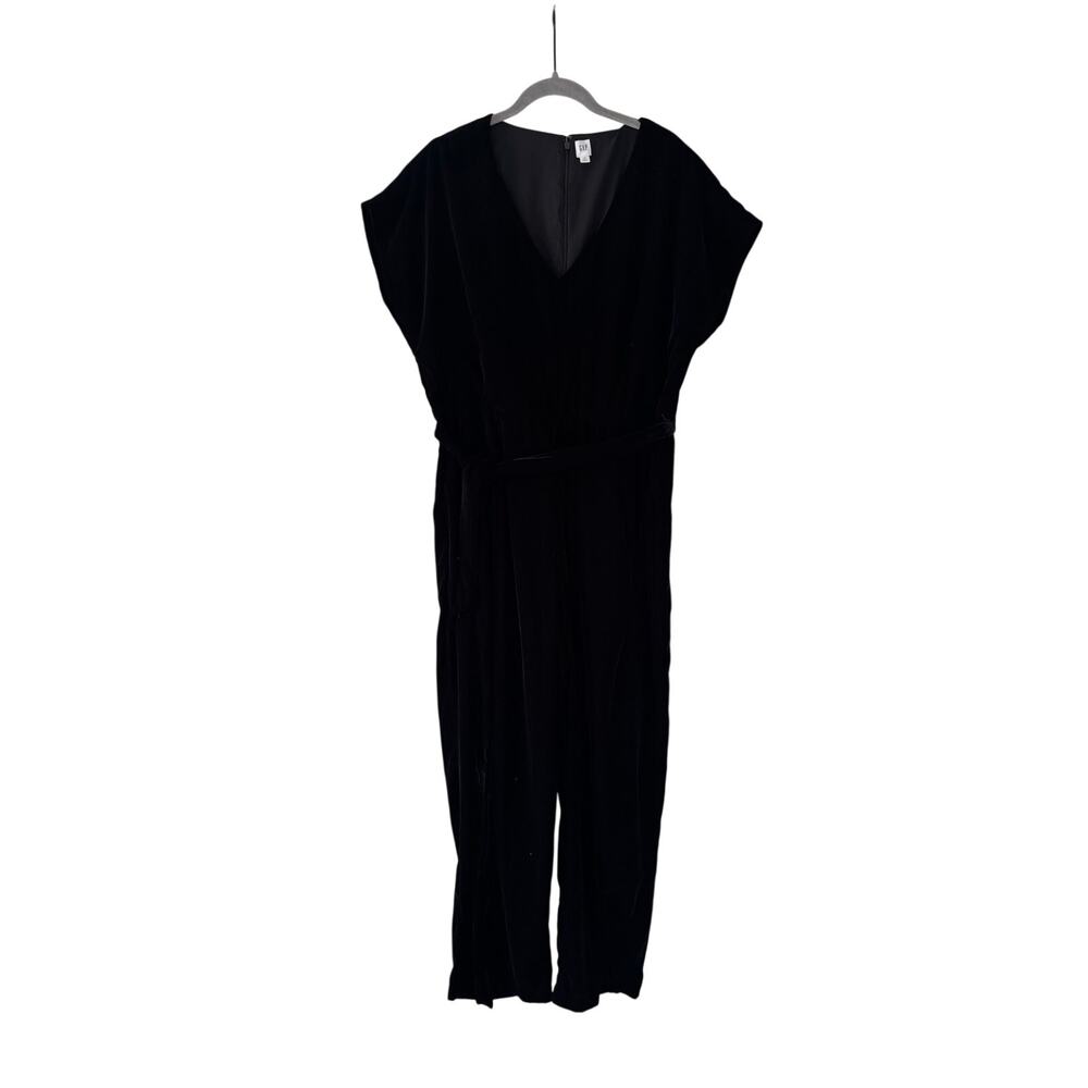 GAP Black Velvet Jumpsuit Women’s Size 16 V Neck Tie Waist Wide Leg Evening - Picture 2 of 12